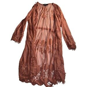 Y2k Miss Chevous Pink Sheer Floral Lace Robe V-Neck Tie 3/4 Sleeve Sz S